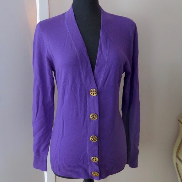 Purple Tory Burch Merino Cardigan, Gold Logo Buttons - Picture 1 of 9